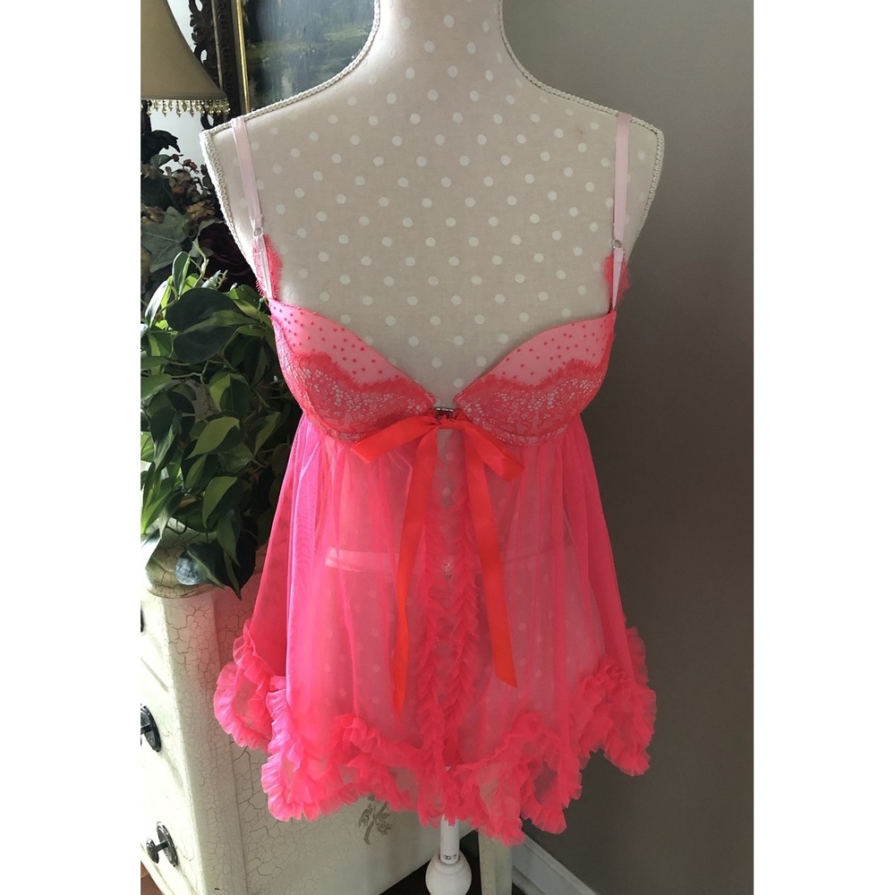 Y2K Victoria's Secret Sexy Babydoll Nightgown Lace Sheer Push Up Bra Women's 34B